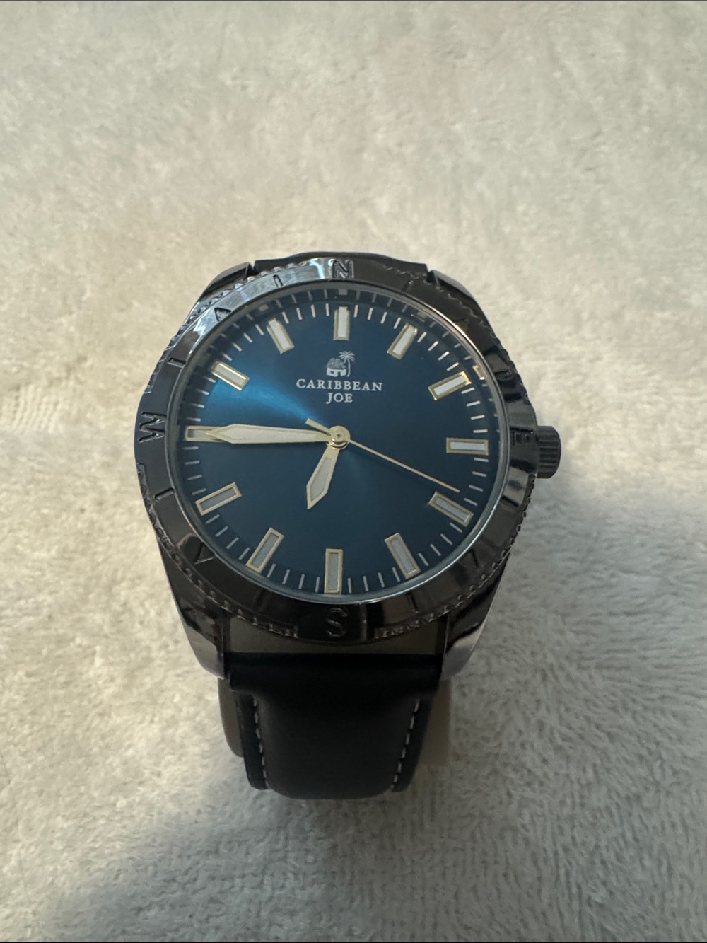 Caribbean Joe Blue Dial Black Case Leather Strap Watch